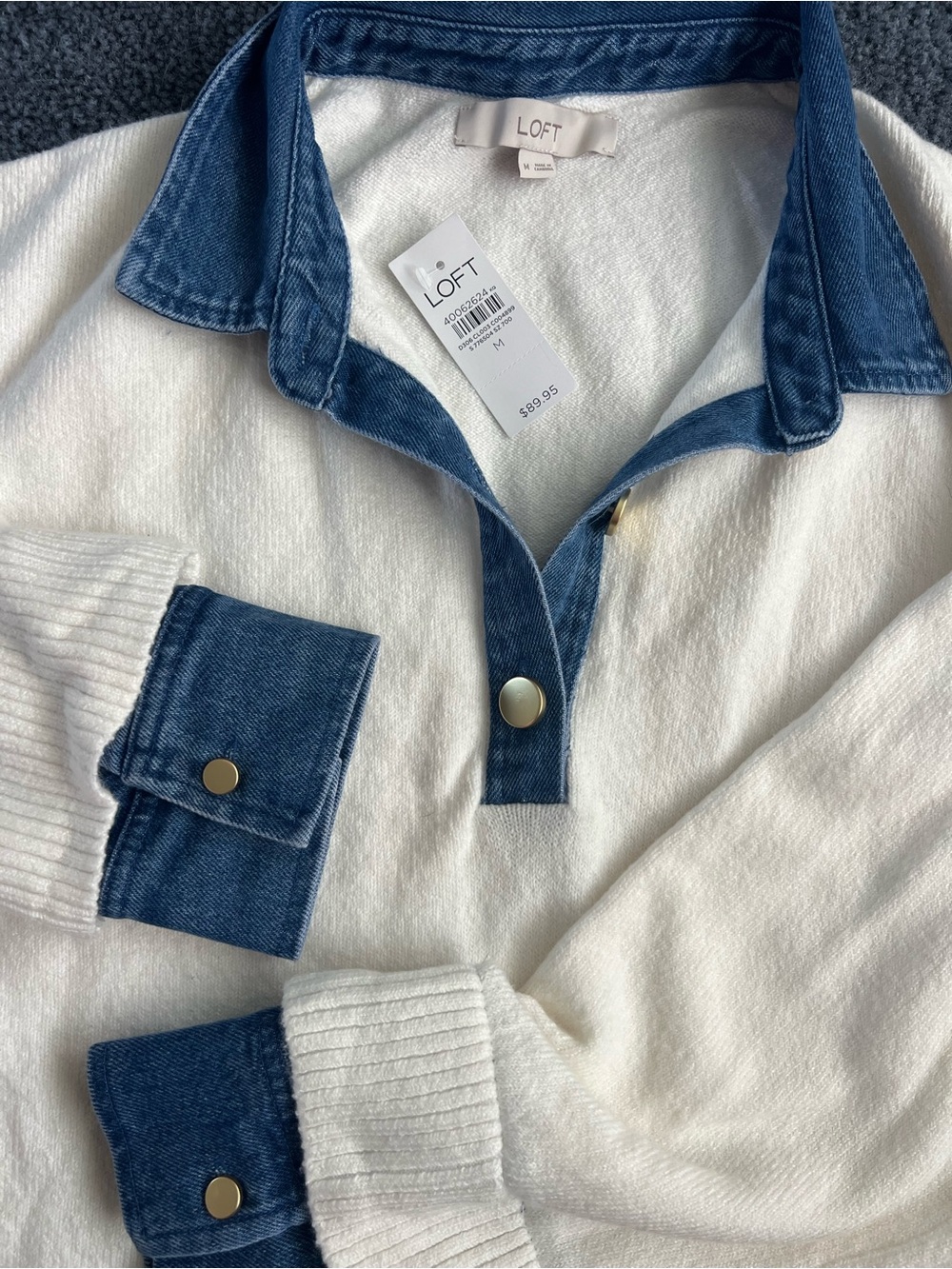 LOFT Cream Pullover with Blue Denim Collar & Cuffs